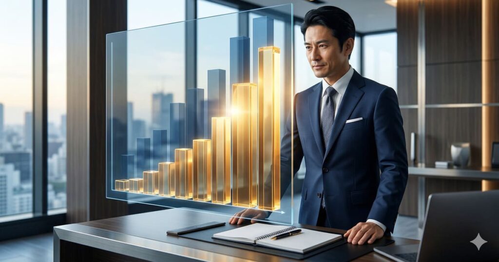洗練されたオフィスで黄金色に輝く上昇グラフを見つめる日本人経営者。売上を上回る粗利の成長を象徴するイメージ。