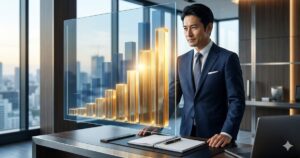 洗練されたオフィスで黄金色に輝く上昇グラフを見つめる日本人経営者。売上を上回る粗利の成長を象徴するイメージ。