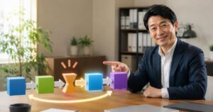中小企業のオフィスで、日本人経営者が工程の流れを表す3Dブロックのうち、中央の細くなったボトルネック部分を指し示し、全体最適による業務改善と効率的な成長を説明している様子。