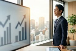 オフィスで利益成長を示す上昇グラフを見つめながら、自信に満ちた表情で未来を見据える日本人経営者の姿。損益分岐点を正しく把握し、売上目標から利益重視の経営へと転換した成功イメージを表現しています。