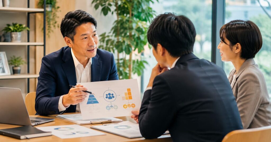 経営者と社員が資料を見ながら人事制度や役割、成長について話し合うビジネスシーン