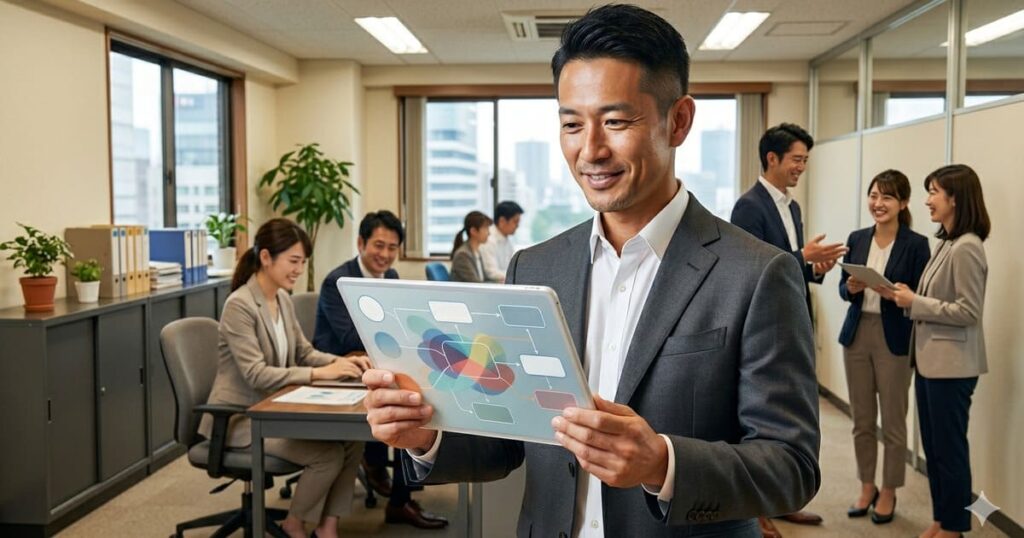 自社の魅力や求める人物像を整理する中小企業の経営者。タブレットには情報整理のフローチャートが表示され、背景には活気あるオフィスで働く社員や職場の雰囲気が写っている。