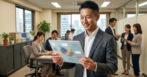 自社の魅力や求める人物像を整理する中小企業の経営者。タブレットには情報整理のフローチャートが表示され、背景には活気あるオフィスで働く社員や職場の雰囲気が写っている。