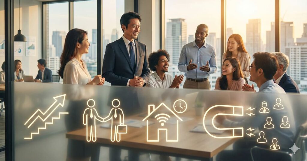 中小企業の求人戦略。マーケティング思考で成長機会、良好な人間関係、柔軟な働き方の魅力を伝え、欲しい人材を引き寄せる様子。