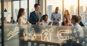 中小企業の求人戦略。マーケティング思考で成長機会、良好な人間関係、柔軟な働き方の魅力を伝え、欲しい人材を引き寄せる様子。