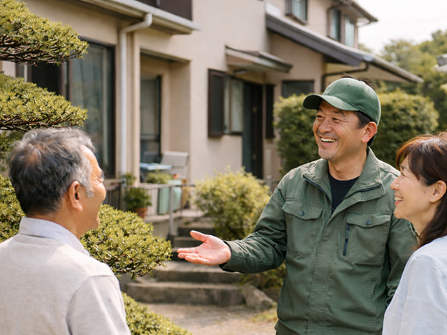 植木屋さんと談笑するお客様のイメージ