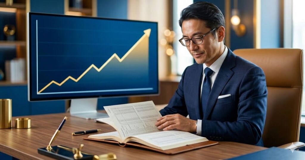 背景の右肩上がりのグラフと、手元の顧客リストを照らし合わせながら売上改善策を練る経営者の様子。