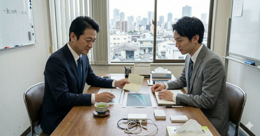 オフィスで銀行の担当者と資金繰りや借入の相談（融資・返済）をしている経営者の様子