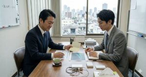 オフィスで銀行の担当者と資金繰りや借入の相談（融資・返済）をしている経営者の様子