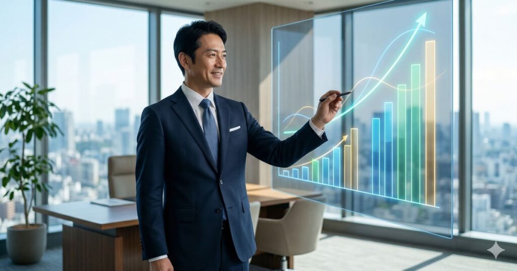 オフィスで上昇する粗利と固定費のバランスグラフを分析し、戦略的な投資計画を練る笑顔の日本人経営者。利益最大化と事業成長のポジティブなイメージ。