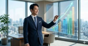 オフィスで上昇する粗利と固定費のバランスグラフを分析し、戦略的な投資計画を練る笑顔の日本人経営者。利益最大化と事業成長のポジティブなイメージ。