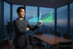 スーツ姿の男性が、会議室で透明なスクリーンに表示された上昇傾向のグラフを指し示している。ビジネスの成長を示唆するアイキャッチ画像。