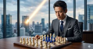 高層ビル群が窓の外に見えるオフィスで、スーツ姿の日本人男性経営者が真剣な表情でチェス盤を見つめ、一点に集結させた青い駒で多数の白い駒に立ち向かう様子。背景には戦略的な一点集中を象徴する鋭い光の矢が描かれている。