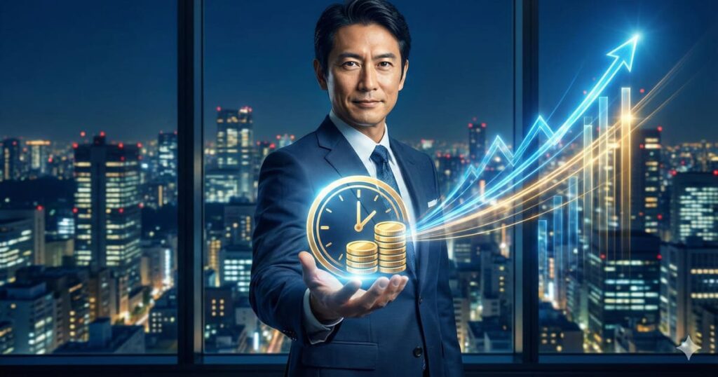 自信に満ちた表情で立つ日本人経営者の男性。手のひらから「時間」と「資金」、そして右肩上がりに急成長するグラフが広がる、戦略的融資による事業拡大を象徴するイメージ画像。
