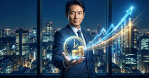 自信に満ちた表情で立つ日本人経営者の男性。手のひらから「時間」と「資金」、そして右肩上がりに急成長するグラフが広がる、戦略的融資による事業拡大を象徴するイメージ画像。