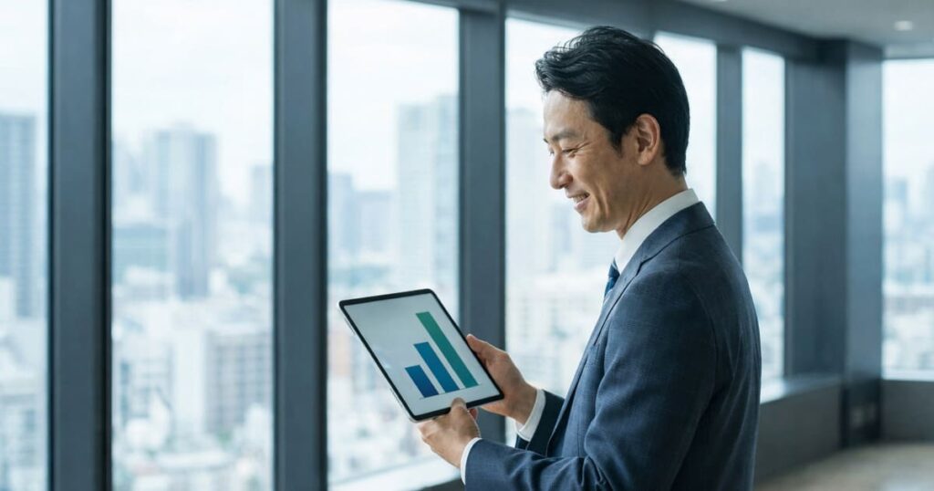 オフィスで、利益成長を示すタブレット上の棒グラフを満足げに見つめる日本人経営者の姿。値上げ戦略による収益改善の成功を象徴しています。