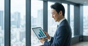 オフィスで、利益成長を示すタブレット上の棒グラフを満足げに見つめる日本人経営者の姿。値上げ戦略による収益改善の成功を象徴しています。