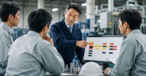 工場の打合せスペースで経営者とスタッフが工程管理のカラーチャートを囲み、作業の順番を共有、確認する様子。