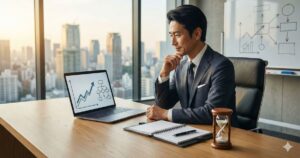 自社の成長グラフが表示されたPCを見つめる日本人経営者