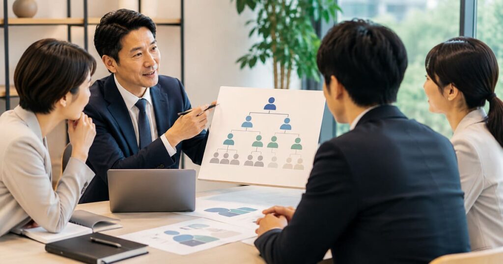 経営者が役割等級制度の階層構造を示すボードを掲げ、社員たちと等級区分について話し合う会議の一場面