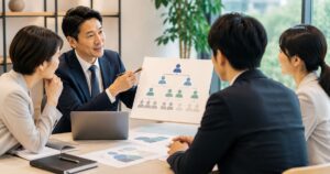 経営者が役割等級制度の階層構造を示すボードを掲げ、社員たちと等級区分について話し合う会議の一場面
