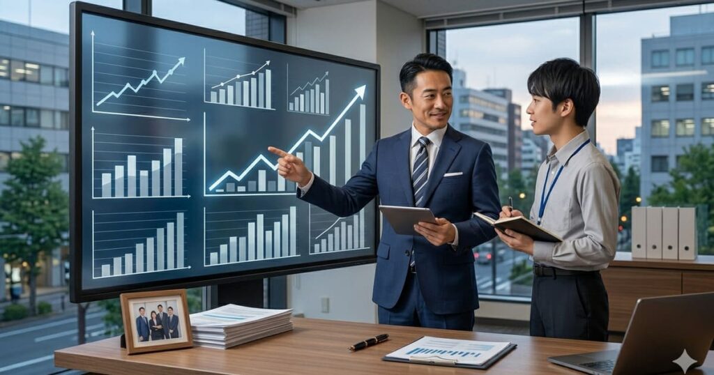 オフィスの大型モニターに表示された右肩上がりの売上・利益グラフを指差し、スタッフと笑顔で戦略を話し合う中小企業の日本人経営者