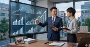 オフィスの大型モニターに表示された右肩上がりの売上・利益グラフを指差し、スタッフと笑顔で戦略を話し合う中小企業の日本人経営者