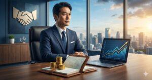 デスクで将来を見据える日本人経営者の傍らに、積み上げられた金貨と通帳、そして右肩上がりの成長グラフが表示されたノートパソコン。背景の握手アイコンは金融機関との信頼関係を象徴し、戦略的な資金繰りによって手に入れた経営の安定とポジティブな未来を表現したイメージ。