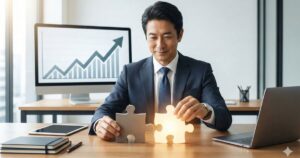 経営課題の解決を象徴するパズルをはめる経営者と上昇する売上グラフ