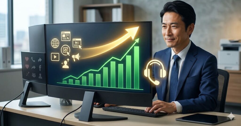 パソコンに向かう経営者と、モニターに表示された右肩上がりの成長グラフ。Webマーケティングによる業績向上を象徴するイメージ画像。