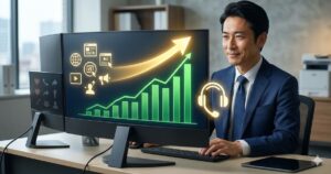 パソコンに向かう経営者と、モニターに表示された右肩上がりの成長グラフ。Webマーケティングによる業績向上を象徴するイメージ画像。